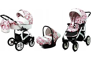 BabyLux® Bambimo Kinderwagen Set 3 in 1 - Tropical - incl. Babywanne, Buggy Sportsitz, Auto-Babyschale - Autositz - Kinderwagenset - Kombikinderwagen mit Wickeltasche, Regenschutz usw.