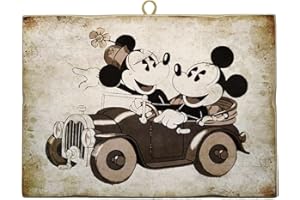 KUSTOM ART Cuadro cuadrado estilo vintage serie cómics Mickey & Mickey Mouse en coche - Minnie & Mickey Mouse in Car de colección Impresión sobre madera
