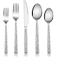 E-far 20-Piece Hammered Silverware Set, Stainless Steel Square Flatware Set Service for 4, Tableware Cutlery Set Includes Forks Spoons Knives, Modern Design & Mirror Finish - Dishwasher Safe