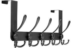 HONSKY Over Door Hook- Stylish,5 Triple Hooks Sturdy Over Door Hanger,Metal Durable Door Towel Rack for Hanging Coat,Clothes,Jacket,Black