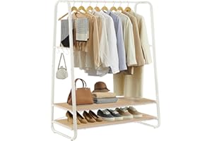 VASAGLE Stand Appendiabiti, Appendiabiti da Terra con 2 Ripiani, 6 Ganci Laterali a S, Struttura in Acciaio, 45 x 100 x 160 cm, Camera da Letto Corridoio, Rovere e Bianco Crema RGR112W09