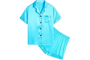 SWOMOG Girls Silk Pyjamas Short Sleeve Sleepwear Kids 2Pcs Satin Button-Down PJ Sets Nightwear