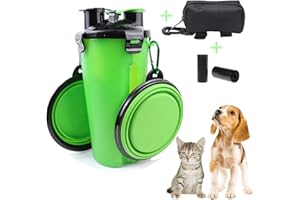 LOW&EE® Botella de Agua para Perro Portátil - Envase de Agua 2 en 1 para Comida y Bebida para Mascotas con 2 Cuencos Plegables - Bolso Dispensador Excrementos y 30 Bolsas (Verde)