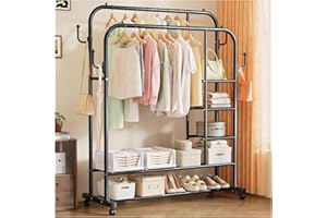 SavvyStor Upgraded Clothes Rail with Wheels,150KG Metal Heavy Duty Clothes Rack With Double Hanging Clothing Rail, Shoe Rack, 4 Coat Hooks, Open Wardrobe Clothes Rails for Bedroom Shop Dorm - Black