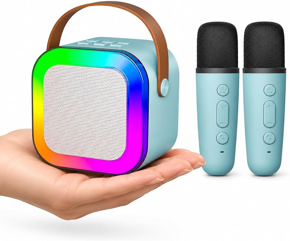 Coverzone Mini Boy Kablosuz Mikrofonlu Karaoke Makinesi Taşınabilir Bluetooth Hoparlör Seti Bas Tiz Ayarlı Hoparlör Yetişkinler ve Çocuklar İçin Hafıza Kartı ve USB 10x10x6cm (Çiftli K12 - Turkuaz)
