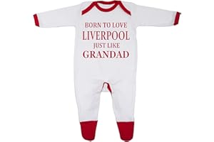 Cheekytots 'Born to Love Liverpool Just Like Grandad' Unisex Baby Red Cotton Liverpool-themed Letter Print Sleepsuit Size 18 Months