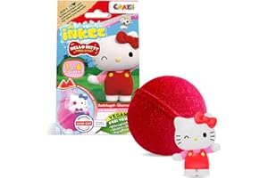 INKEE Hello Kitty - Badebombe Kinder mit Überraschung - 1 von 6 Hello Kitty Figuren zum Sammeln - Badekugel 80g mit Wassermelone-Aroma und Jojobaöl, Rosa oder Rot