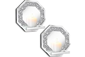 ZOLAPI Set of 2 Diamond Crushed Crystals Wall Candle Holders Octagon Silver Mirror Wall Decor Home Living Room Dining Bedroom