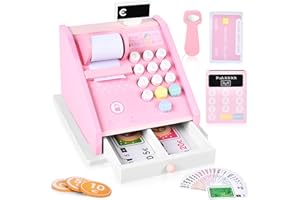 Aragallant Registratore di Cassa in Legno, Cassa Giocattolo per Bambini con Scanner, Carte Bancarie e Soldi Accessori, Cassa Supermercato Giocattolo Legno, Gioco di Ruolo per Bambini