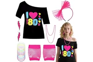 Glirop 6PCS 80s Costume Accessories Set for Women, 1980s Fancy Dress with T-shirt Headband Lightning Earrings Necklace Bracelet Mesh Sleeve 80s Outfit for Retro Theme Party Cosplay Dress Up