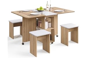 Mondeer Ensemble Table à Manger avec 4 Chaises, Ensemble Table à Manger Pliable avec Chaises pour Petits Espaces avec Etagères de Rangement, pour Salle à Manger Cuisine, Bois Naturel