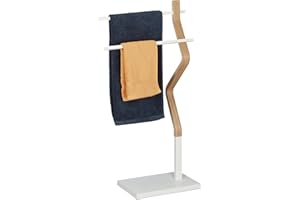 Relaxdays Portasciugamani da Terra, Piantana a 2 Bracci, per Asciugamani e Canovacci, Legno e Metallo, Bianco Naturale