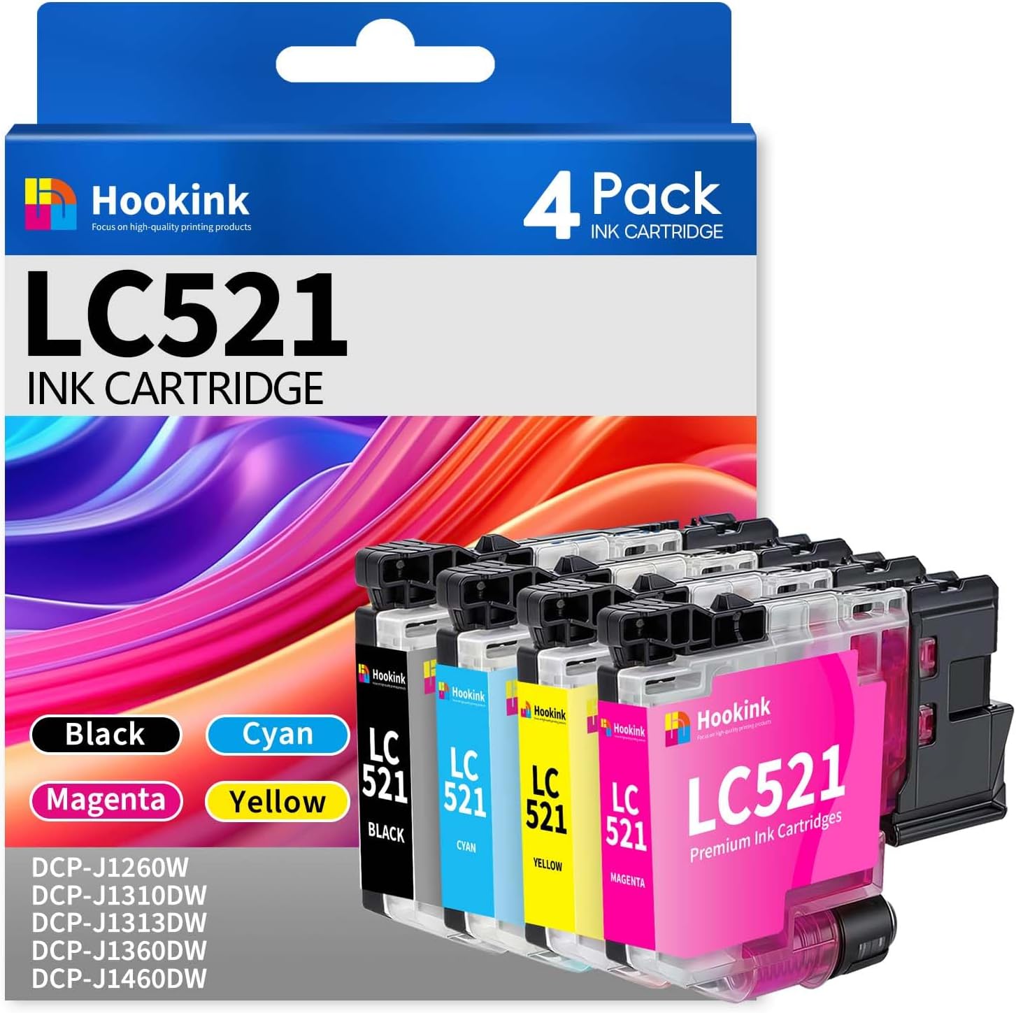 Hookink LC521 Tinta Compatible de Reemplazo por Brother LC 521 LC521 Cartuchos de Tinta para Brother DCP-J1260W DCP-J1310DW DCP-J1313DW DCP-J1360DW DCP-J1460DW DCPJ1260W (Negro Cian Magenta Amarillo)