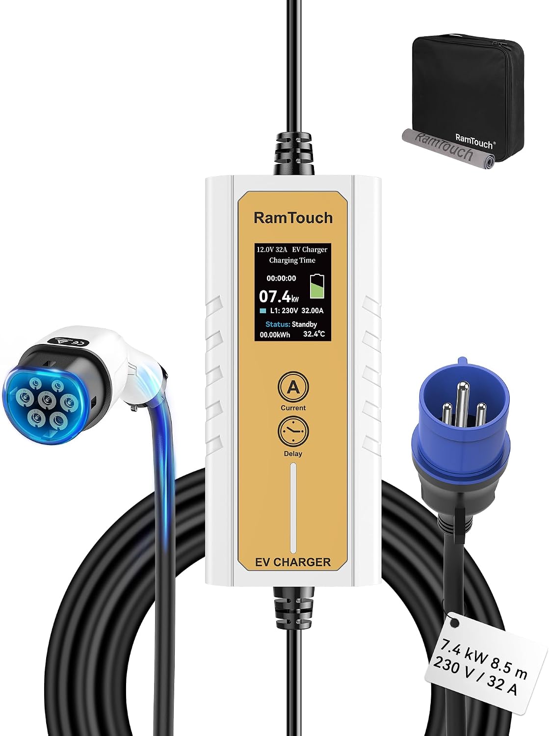 RamTouch Electric Vehicle Charger (7.4 kW, Type 2, 32A Commando Plug, 8.5 m), IP65 Portable Car Charger with Adjustable Current (6A–32A) and Delayed & Timed Charging, Compatible with EVs and Hybrids