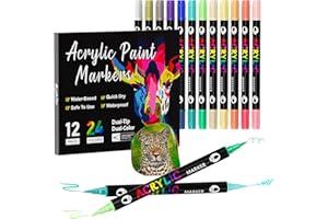 Sonlaryin Feutre Acrylique 24 Couleurs 12 Pièces, Marqueur Peinture Acrylique Double Pointe, Marqueur Acrylique pour peinture rupestre, bricolage, céramique, verre, toile, bois, Textile