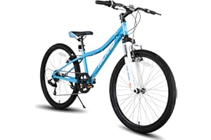HH HILAND HILAND 24 Inch Kids Mountain Bike, 7 Speed Youth MTB Bicycle, Mountain Bicycle for Boys Girls, Suspension Fork V-brakes, Black/Blue/Mint Green/Pink