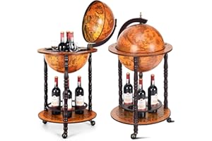 GOPLUS Mappamondo Bar Porta Bottiglie Scaffale per Vino in Modello Mappamondo Vintage Artistico, Supporto Robusto di Legno, con 3 Ruote 88x44,5x44,5cm (Marrone 47 X 47X 90 cm)