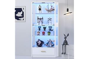 Lamtor Display Cabinets with Glass Doors - 5 Tier Curio Cabinet with Bottom Drawer and Adjustable Shelves, Glass Display Cabinets for Collectibles, White