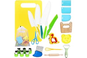Espekoch Ensemble de 23 ustensiles de cuisine Montessori pour enfants avec couteau en bois de dinosaure - Kit d'ustensiles de cuisine et tablier pour enfants en toute sécurité