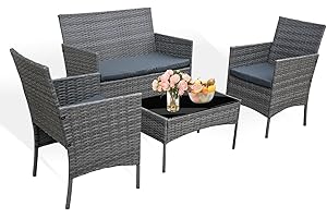 GRENNSWICK 4-Piece Rattan Patio Furniture Set - Outdoor Wicker Sofa & Chairs with Coffee Table, Weather Resistant Garden Conversation Set for Patio, Backyard, or Poolside​ (Mixed Grey + Dark Grey Cushions)