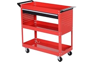 DURHAND 3-Tier Tool Trolley Cart Storage Shelf Roller Cabinet DIY Box Garage Workshop with Drawer Red