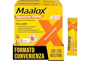 Maalox Digestione RAPID, Integratori, Cattiva Digestione, Acidità di Stomaco – Per Adulti e Bambini 6+, Gravidanza, Senza Glutine e Lattosio (20+20 Bustine)