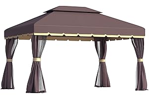 Outsunny Cenador de Jardín 4x3 m Gazebo de Aluminio con Techo de Ventilación 4 Cortinas Laterales 4 Mosquiteras y 8 Orificios de Drenaje para Fiestas Eventos Exterior Café
