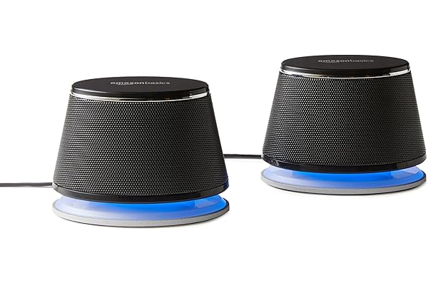 Amazon Basics Haut-parleurs stéréo 2.0 pour PC ou ordinateur portable, entrée auxiliaire 3,5 mm, alimentation USB, 1 paire, noir