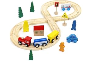 AKOKIE Circuit Voiture Enfant Train en Bois Jeux Enfant 3 Ans 33 Pièces Jouet en Bois avec 4 Voiture Enfant Jeux De Construction Jeux Educatif Jouet Enfant 3 4 5 6 Ans Fille Garcon Cadeau Noel