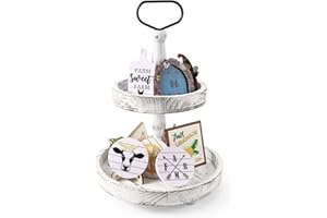 ASMPCUE Vassoio a 2 ripiani, vassoio a più livelli con manico in metallo, per decorare la casa e la cucina, vassoio rustico in legno a due livelli per le vacanze, solo vassoio (bianco invecchiato)