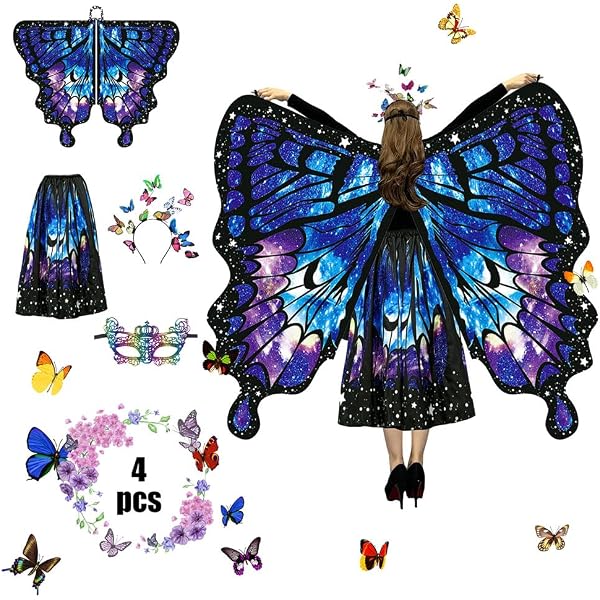 Ailes Papillon Pour Femmes - Costume Papillon 4 Pièces Avec Cape, Masque Et Bandeau - Déguisement Fête Et Cosplay