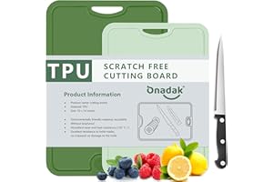 Onadak Flexible TPU Chopping Board, BPA Free with Knife and Juice Groove, Scratch Resistant Flexible Chopping Boards for Kitchen, Dishwasher Safe, Grippy Handle, Non-Slip(M-Dark Green + S-Green)