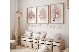 MeinBaby123® Bilder Kinderzimmer | 3er Set DIN A2 Poster Set | Kinderzimmer Poster | Deko Bilder | Kinderzimmer Wandposter Premium (Fuchs & Luftballon rosa A2)
