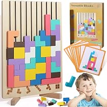 Puzzle Tetris En Bois - 41 Blocs Géométriques - 10 Cartes Modèles - 20 Idées - Jouet Montessori - Dès 3 Ans - Cadeau éducatif - Multigénérationnel