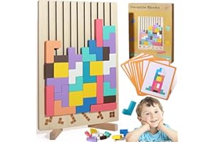 XUDUOO Wooden Stacking Puzzle Toy, Tetris Game with 10 Cards, 3D Montessori Stacking Blocks, Educational Toys for Boys Girls Age 4-8, Interactive Board Game Geometric Builiding Toys for Kids and Adults