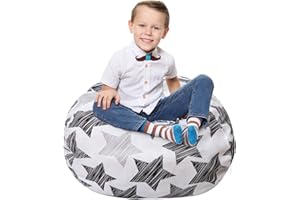 5 STARS UNITED Kids Bean Bag - COVER ONLY - Stuffed Animal Storage - Round Beanbag Chairs for Kids - 90+ Teddy Plush Toys Holder and Organiser for Boys and Girls - 100% Cotton Canvas - Hatch Stars