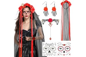 Epokus Disfraz de Halloween para Mujer, Diadema con Velo Del Día de Los Muertos, Diadema con Tatuajes de Cara de Halloween, Disfraz Del Día de Los Muertos,Velo de Viuda Novia Disfraces de Carnaval