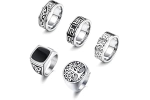 Kakonia 5 pièces Bague en Acier Inoxydable pour Hommes Set Bague de Signet Grec Pouce Argent Rétro Sculpture Celtique Bague de Bande Vintage Biker Set