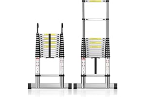 TECKNET Teleskopleiter 3,8m, Belastung 150kg/ 330lbs, Aluminium-Verlängerungsleiter mit Stabilisatorstange und abnehmbaren Haken, Mehrzweckleiter für Dachboden Büro Wohnmobil Klettern (3.8M / 12.5ft)