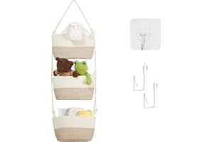 Hyindoor Door Hanging Organiser,Wall Hanging Storage with 3 Pockets and Hooks,Rope Fabric Storage Solution for Bedroom, Bathroom, Nursery, Dual Purpose Cotton Rope Basket