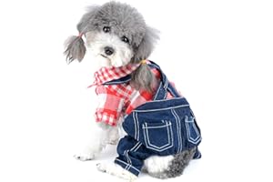 Ranphy Cotton Pet Clothes for Small Dogs Jumpsuit Denim Plaid Puppy Cat Shirt 4 legs Overalls Sweatshirt Soft Boys Doggy Outfits Handsome Spring Summer Jeans Clothing Red S
