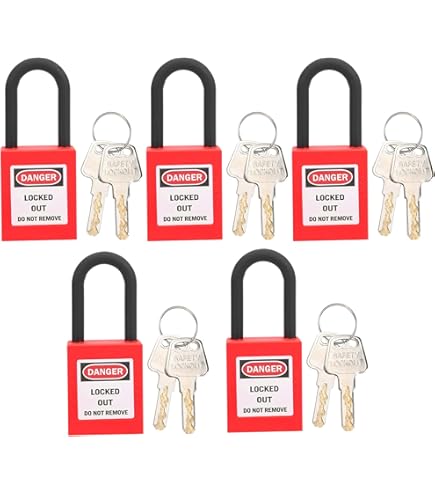 10 stuks hangsloten gelijksluitend lockout tagout sloten 38 mm, rood nylon loto veiligheidspantslot met elk 2 sleutels, schrijflabel & waarschuwingsopdruk voor toepassingen in de industrie