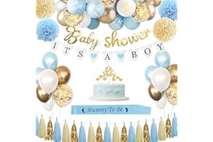 Sancuanyi Babyparty Deko Junge, Baby Shower Boy, Blau Weiß Babyshowerparty Mit Mummy to Be Schärpe, Luftballons, Banner für Jungen Party Dekoration