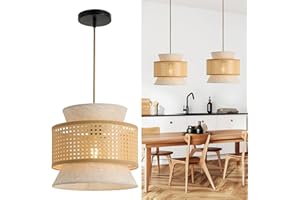 ‎FORCOSO FORCOSO Hanging Lamp Rattan + Fabric - E27 Vintage Pendant Light Dining Table Diameter 29 cm Boho Style Hanging Light Ceiling Lamp Rattan for Living Room Bedroom Kitchen - Brown and White