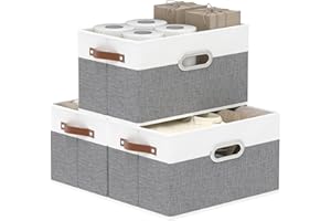 Yawinhe Lot de 3 Boite Rangement Tissu, Sans Couvercle, Pliables, pour Étagères, Armoires, Vêtements, Gris/Blanc, 33x23x20cm, SNK030WGXS