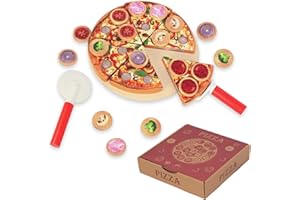 WOODENFUN Pizza Set Holz, Pizza Kinderküche Zubehör, Holzpizza für Kinder, Spielküche Pizza Spielzeug Lebensmittel für Kaufladen, Pädagogisches Rollenspiel Lernspielzeug Geschenk
