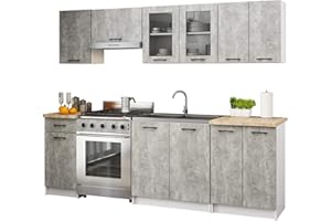 AKORD | Muebles de Cocina OLIWIA de 2.4m, modulares de 240 cm, con 11 Puertas y 1 cajón. Set de armarios de Cocina 240cm x 203cm x 46cm | Hormigón y Vitrina