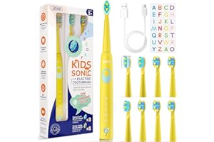 Seago Cepillo Electrico Infantil, Cepillo Dientes Electrico Niños Recargable con Divertidas Pegatinas DIY, 8 Cabezal de Recambio, 5 Modes y Temporizador de 2 minutos, Amarillo