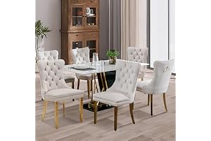 SoarFlash Ensemble de 6 Chaises de Salle à Manger en Velours, Dossier à Ailes, piquetage à Boutons, Garniture rivetée, Anneau de Dossier et Jambes en métal doré, Beige