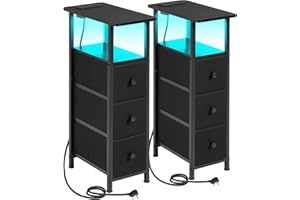 LOAKEKEL Slim Bedside Table Set of 2 with Charging Station, Narrow Side Table with LED Lights, Small Sofa Table with 3 Fabric Drawers, Nightstand for Small Spaces, Living Room, Black UHETNDP03LBK